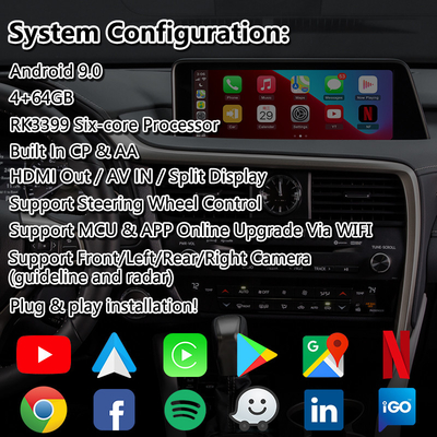렉서스 RX 450h 200T 350 450L 350L 300 F 스포츠 2016-2019의 Lsailt 안드로이드 카플레이 인터페이스