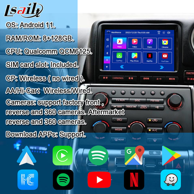 Lsailt 안드로이드 멀티미디어 인터페이스 GT-R GTR R35 2011-2016 무선 카플레이 인터페이스 유튜브, GPS,8+128 GB 포함